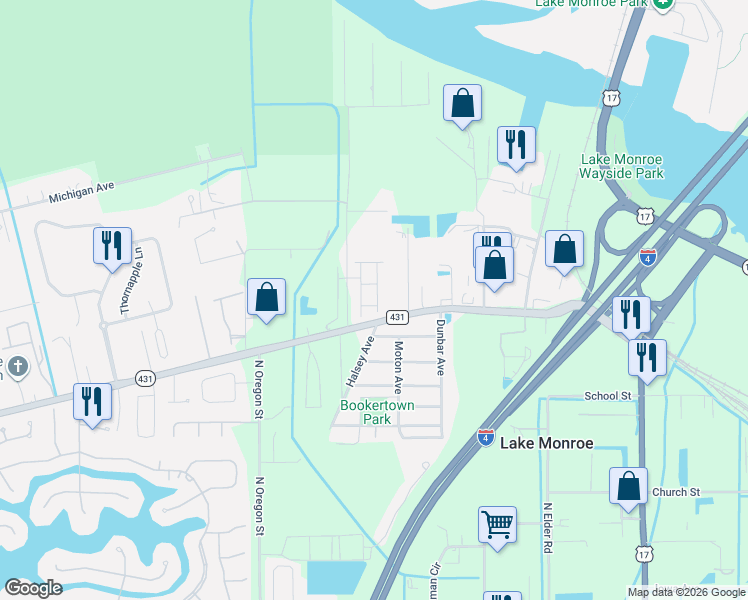 map of restaurants, bars, coffee shops, grocery stores, and more near 4640 Orange Boulevard in Sanford