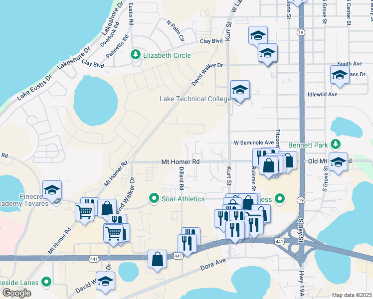 map of restaurants, bars, coffee shops, grocery stores, and more near 801 Mount Homer Road in Eustis