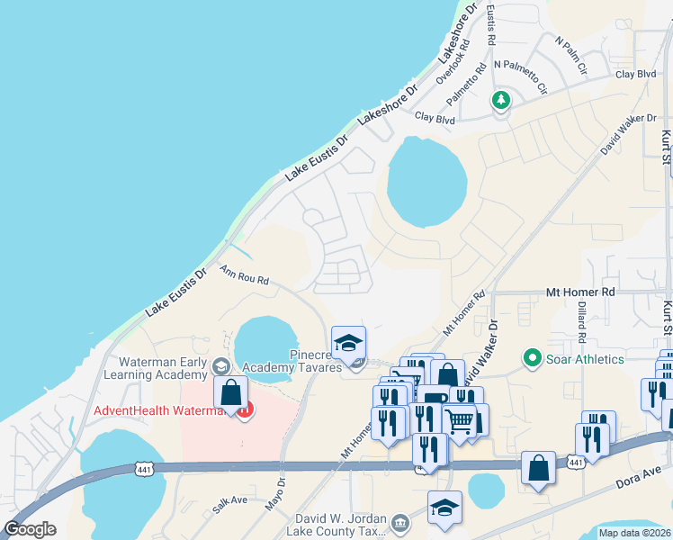 map of restaurants, bars, coffee shops, grocery stores, and more near 2117 Appalachee Circle in Tavares