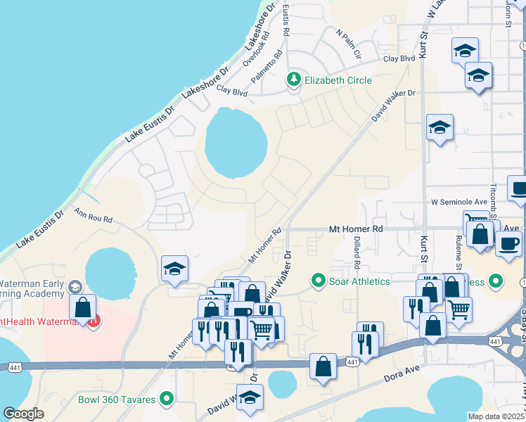 map of restaurants, bars, coffee shops, grocery stores, and more near 1290 Mount Homer Road in Eustis