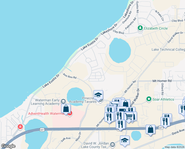 map of restaurants, bars, coffee shops, grocery stores, and more near 2135 Appalachee Circle in Tavares