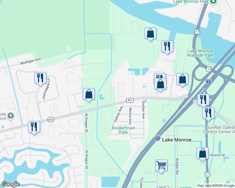 map of restaurants, bars, coffee shops, grocery stores, and more near 4680 Orange Boulevard in Sanford