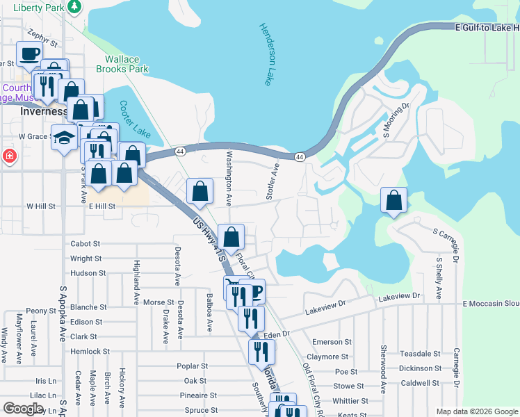 map of restaurants, bars, coffee shops, grocery stores, and more near 918 Leroy Bellamy Road in Inverness