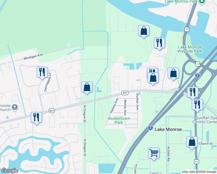 map of restaurants, bars, coffee shops, grocery stores, and more near 4680 Orange Boulevard in Sanford
