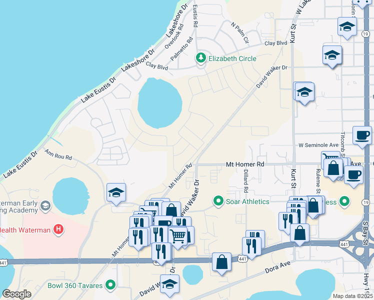 map of restaurants, bars, coffee shops, grocery stores, and more near 2750 David Walker Drive in Eustis