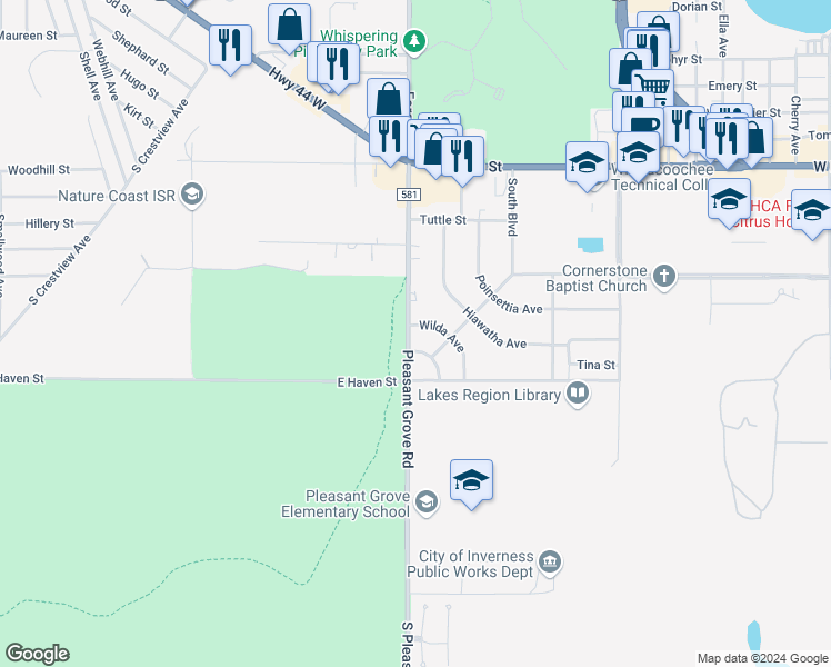 map of restaurants, bars, coffee shops, grocery stores, and more near Pleasant Grove Road in Inverness