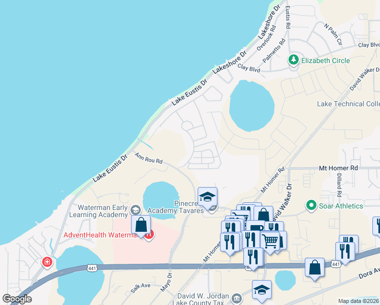 map of restaurants, bars, coffee shops, grocery stores, and more near 2135 Appalachee Circle in Tavares