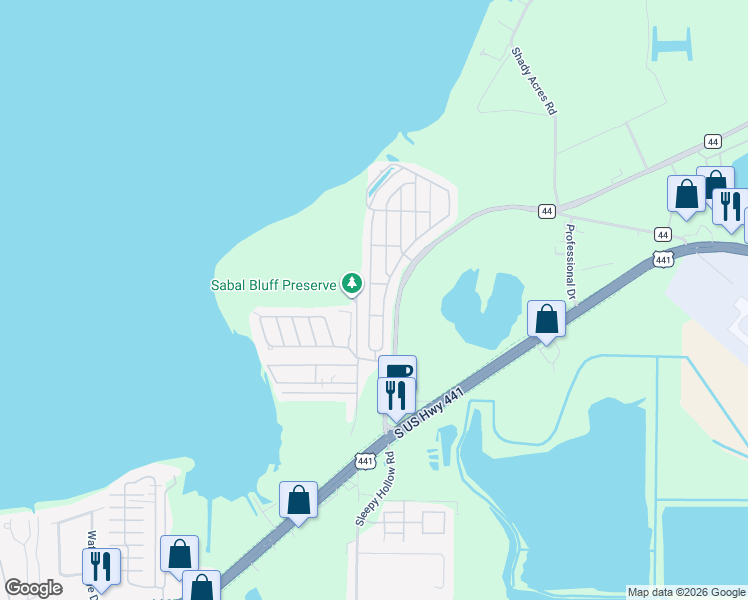 map of restaurants, bars, coffee shops, grocery stores, and more near 33187-33269 Beach View Drive in Leesburg