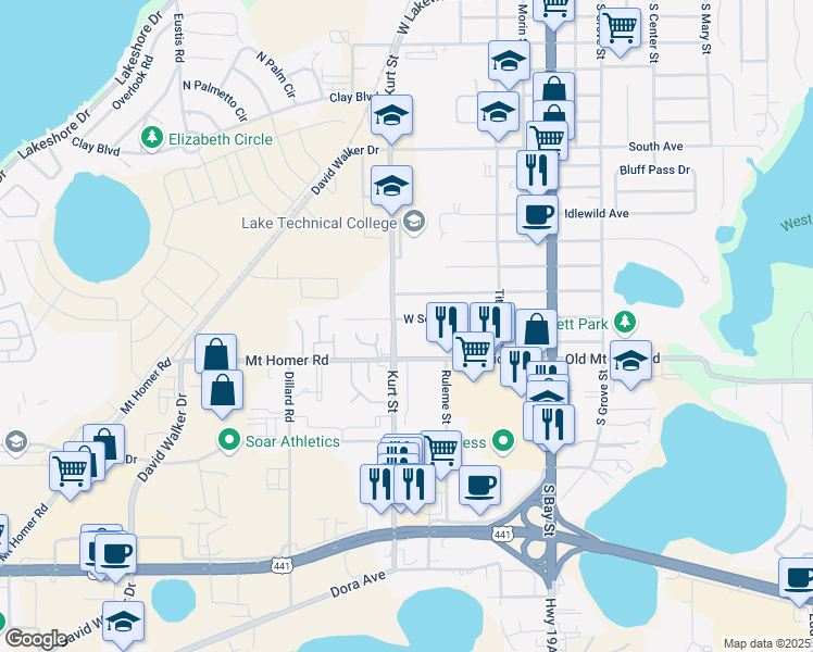 map of restaurants, bars, coffee shops, grocery stores, and more near 510 West Seminole Avenue in Eustis