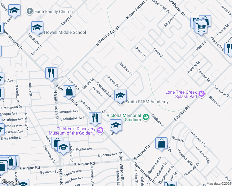 map of restaurants, bars, coffee shops, grocery stores, and more near 3001 East Mistletoe Avenue in Victoria