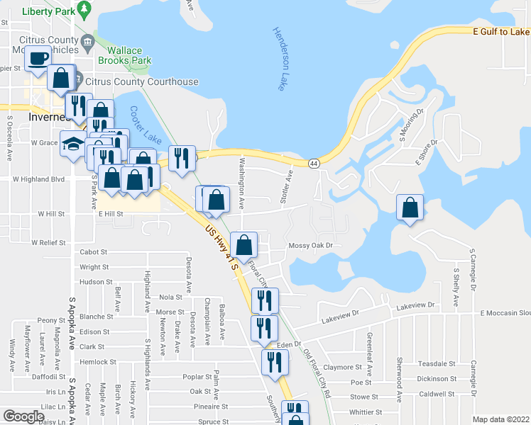 map of restaurants, bars, coffee shops, grocery stores, and more near 918 Leroy Bellamy Road in Inverness