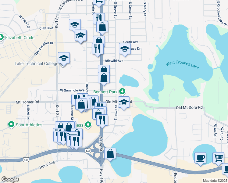 map of restaurants, bars, coffee shops, grocery stores, and more near 2500 South Grove Street in Eustis