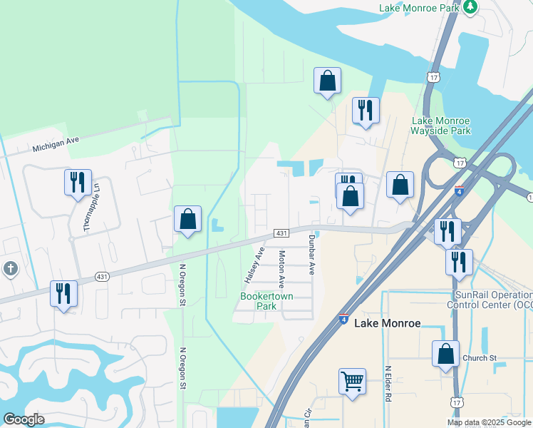 map of restaurants, bars, coffee shops, grocery stores, and more near 4640 Orange Boulevard in Sanford