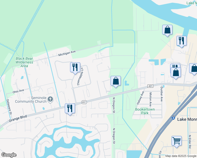 map of restaurants, bars, coffee shops, grocery stores, and more near 1485 Ashdown Court in Sanford