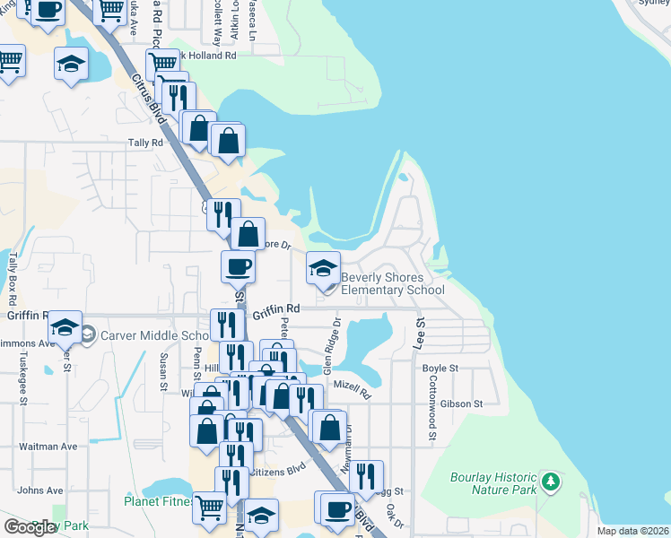 map of restaurants, bars, coffee shops, grocery stores, and more near 1108 Griffin Road in Leesburg