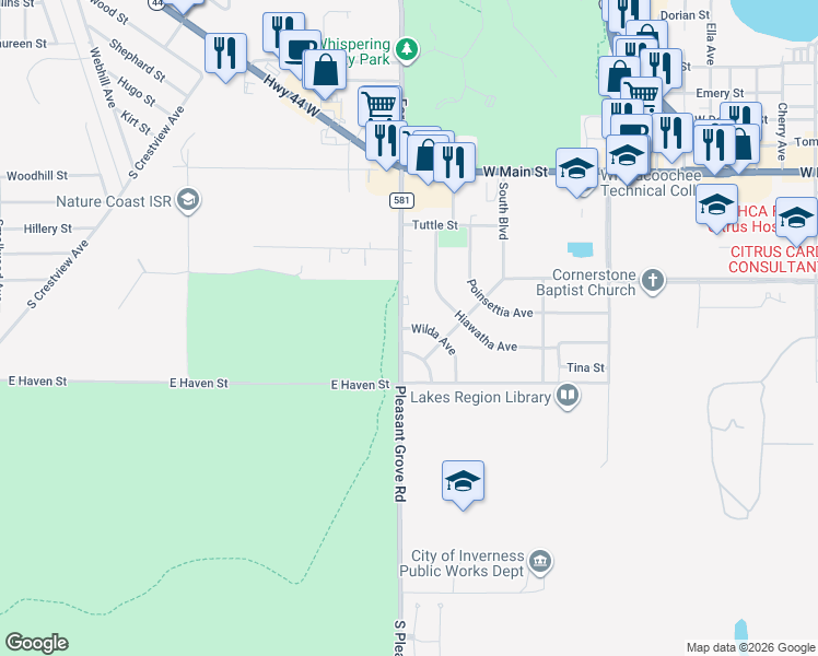 map of restaurants, bars, coffee shops, grocery stores, and more near 304 Wilda Avenue in Inverness