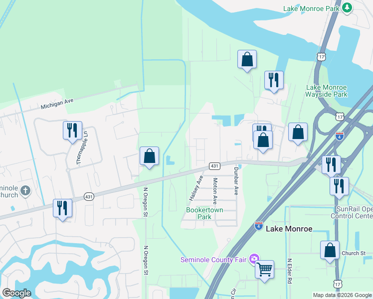 map of restaurants, bars, coffee shops, grocery stores, and more near 4680 Orange Boulevard in Sanford