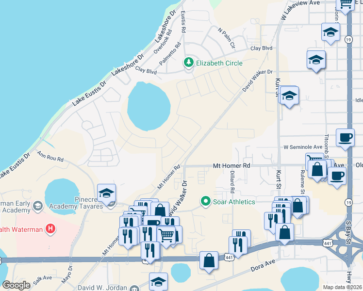 map of restaurants, bars, coffee shops, grocery stores, and more near 2750 David Walker Drive in Eustis