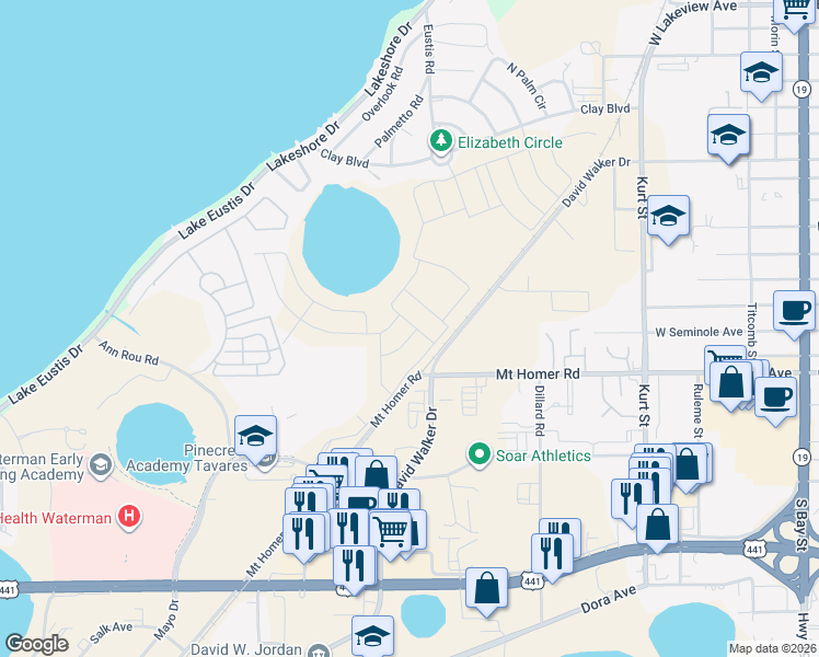 map of restaurants, bars, coffee shops, grocery stores, and more near 2750 David Walker Drive in Eustis