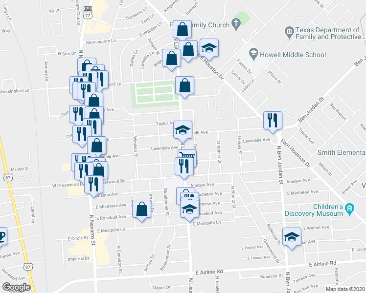 map of restaurants, bars, coffee shops, grocery stores, and more near 1298 Lawndale Avenue in Victoria