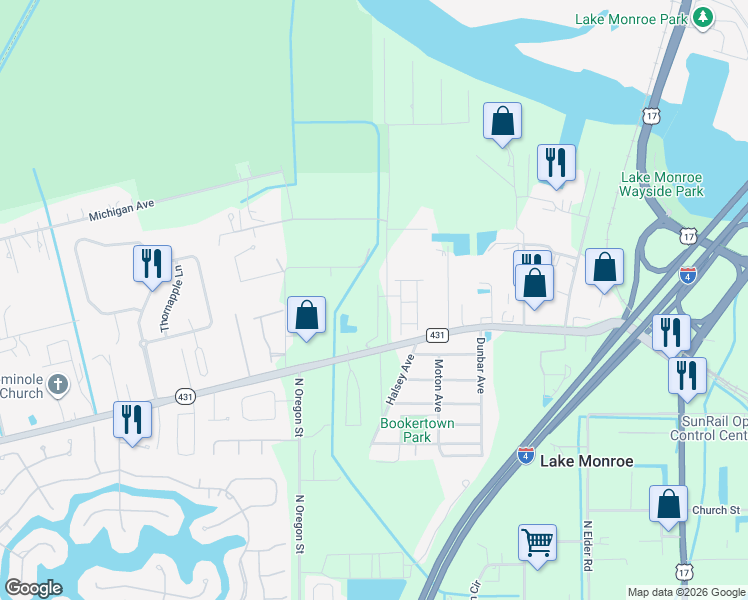 map of restaurants, bars, coffee shops, grocery stores, and more near 1550 Missouri Avenue in Sanford