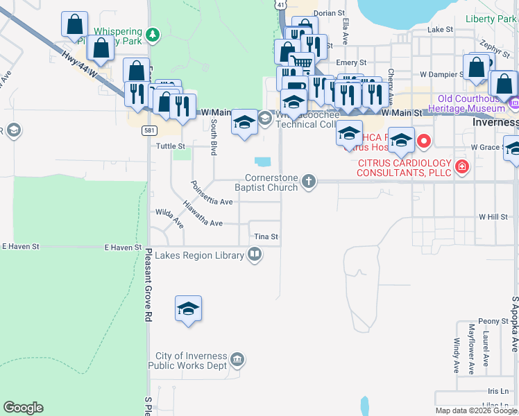 map of restaurants, bars, coffee shops, grocery stores, and more near 522 Poinsettia Avenue in Inverness