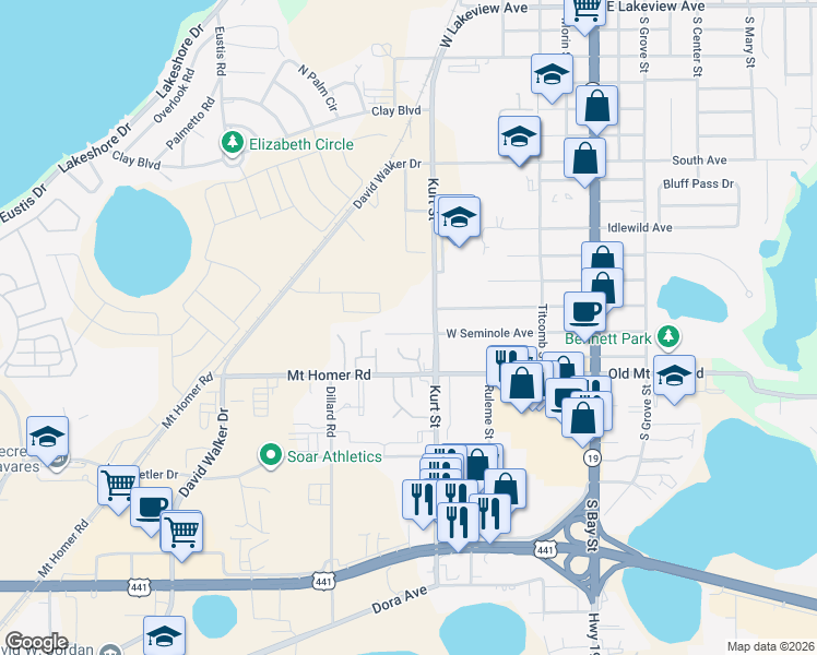 map of restaurants, bars, coffee shops, grocery stores, and more near 637 West Seminole Avenue in Eustis