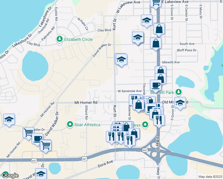 map of restaurants, bars, coffee shops, grocery stores, and more near 521 West Charlotte Avenue in Eustis