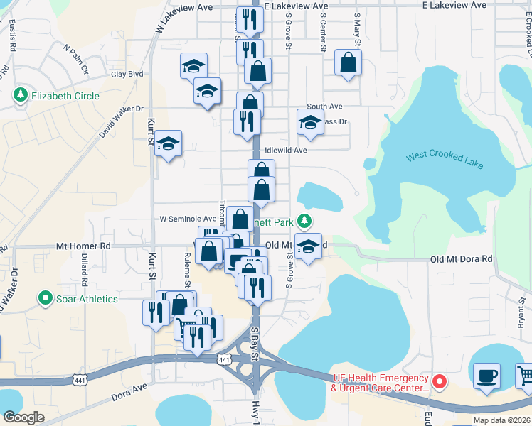 map of restaurants, bars, coffee shops, grocery stores, and more near 2310 South Bay Street in Eustis