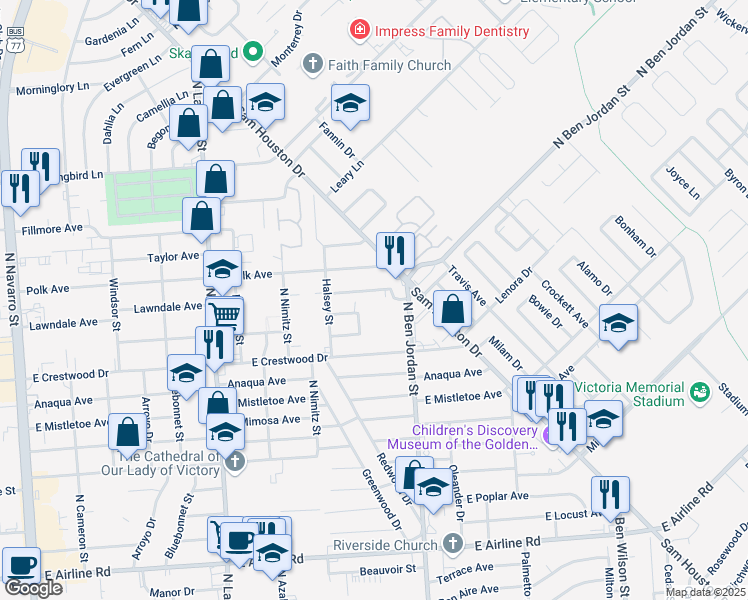 map of restaurants, bars, coffee shops, grocery stores, and more near 2002 Lawndale Avenue in Victoria