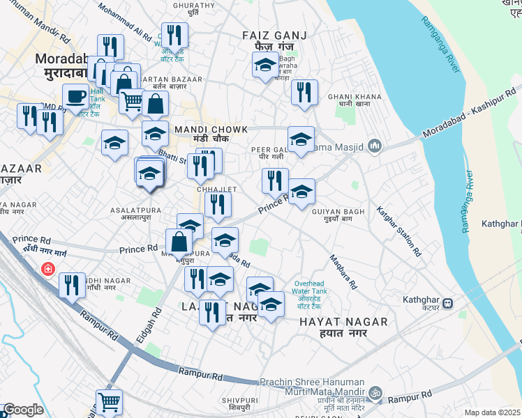 map of restaurants, bars, coffee shops, grocery stores, and more near Indira Chowk Prince Road in Moradabad