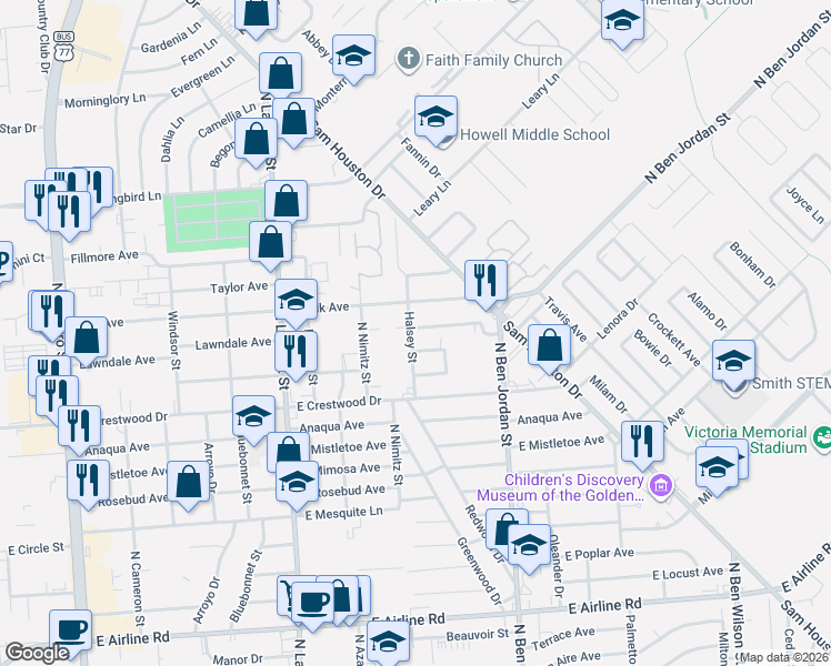 map of restaurants, bars, coffee shops, grocery stores, and more near 1808 Lawndale Avenue in Victoria