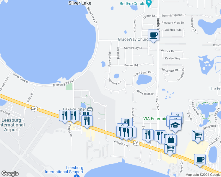 map of restaurants, bars, coffee shops, grocery stores, and more near 9745 Fairway Circle in Leesburg