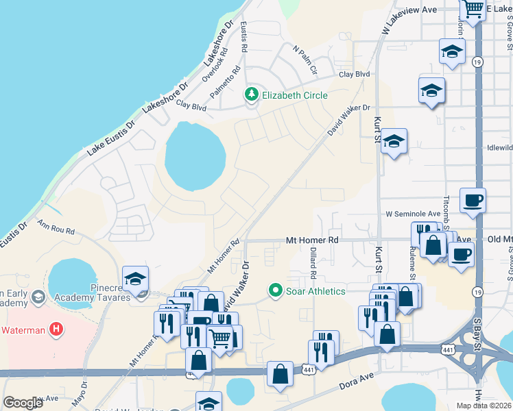 map of restaurants, bars, coffee shops, grocery stores, and more near 901 David Walker Drive in Eustis