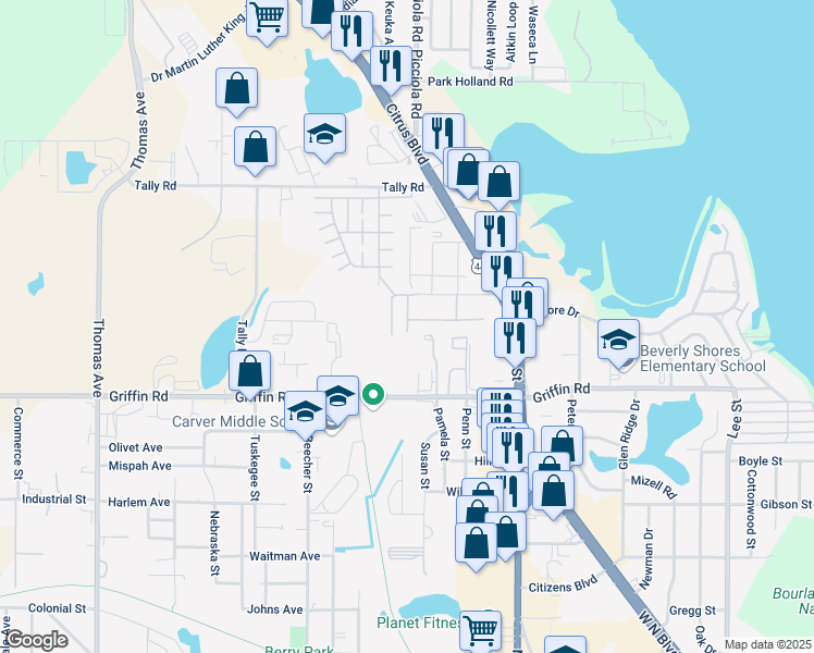 map of restaurants, bars, coffee shops, grocery stores, and more near 1332 Dekle Drive in Leesburg