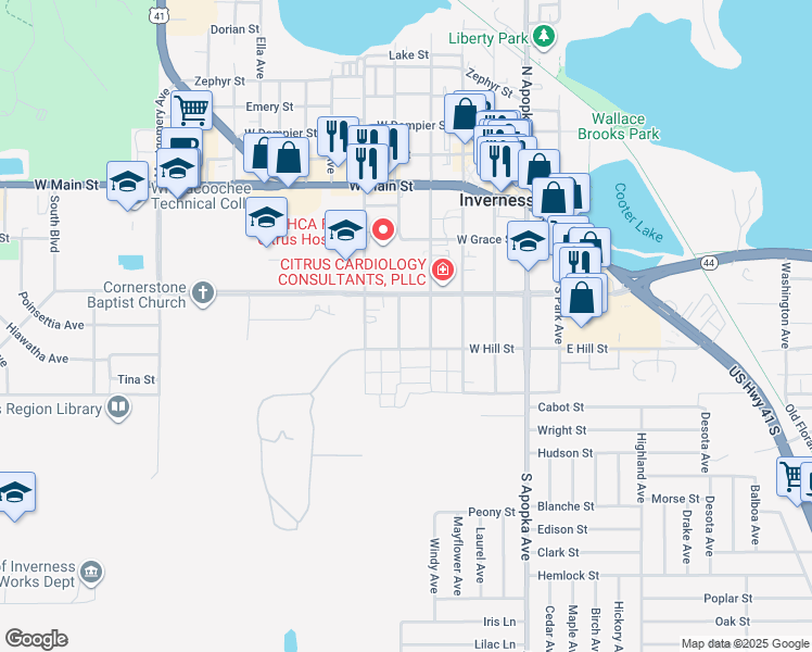 map of restaurants, bars, coffee shops, grocery stores, and more near 307 South Citrus Avenue in Inverness