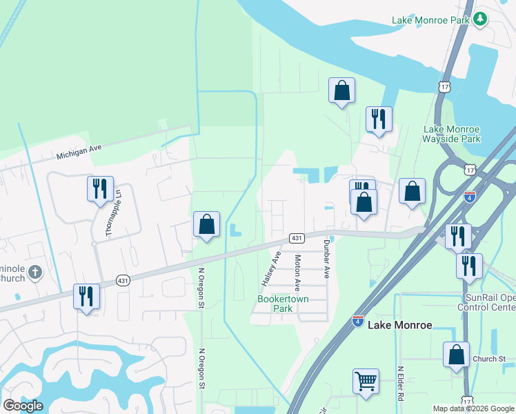 map of restaurants, bars, coffee shops, grocery stores, and more near 1550 Missouri Avenue in Sanford