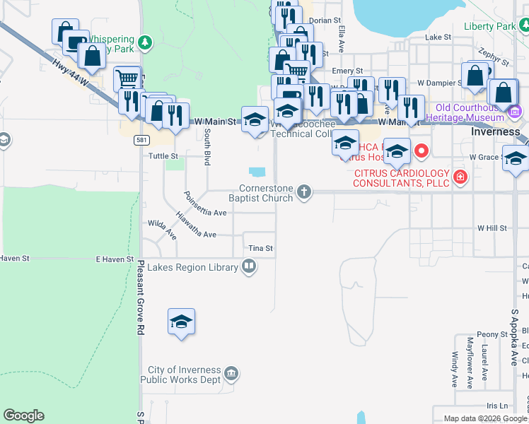 map of restaurants, bars, coffee shops, grocery stores, and more near 522 Poinsettia Avenue in Inverness