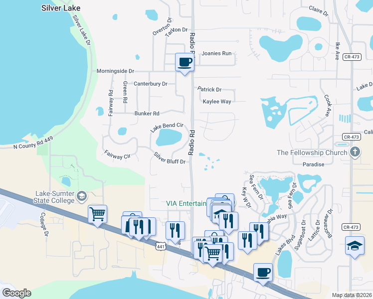 map of restaurants, bars, coffee shops, grocery stores, and more near 33419 Lake Bend Circle in Leesburg