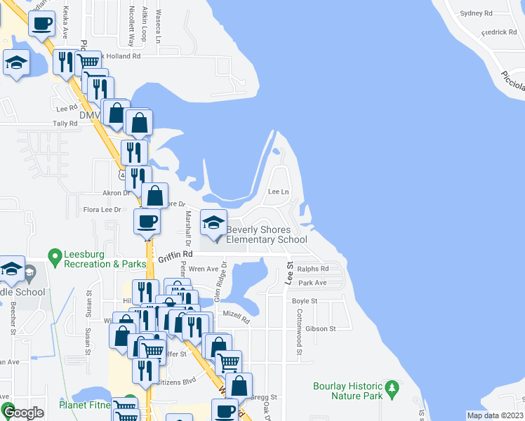 map of restaurants, bars, coffee shops, grocery stores, and more near 1007 North Shore Drive in Leesburg