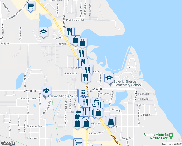 map of restaurants, bars, coffee shops, grocery stores, and more near 1315 North Shore Drive in Leesburg
