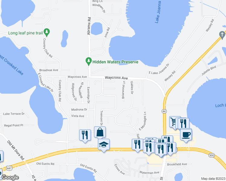 map of restaurants, bars, coffee shops, grocery stores, and more near 3010 Clamont Lane in Eustis