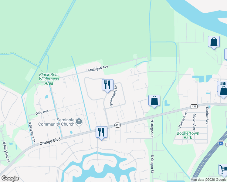 map of restaurants, bars, coffee shops, grocery stores, and more near 1574 Thornapple Lane in Sanford
