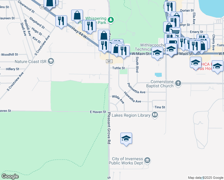 map of restaurants, bars, coffee shops, grocery stores, and more near 316 Pleasant Grove Road in Inverness