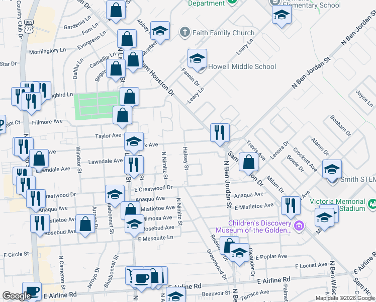 map of restaurants, bars, coffee shops, grocery stores, and more near 1808 Lawndale Avenue in Victoria
