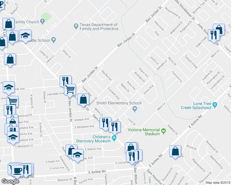 map of restaurants, bars, coffee shops, grocery stores, and more near 1608 Crockett Avenue in Victoria