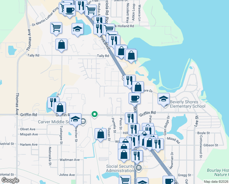 map of restaurants, bars, coffee shops, grocery stores, and more near 1517 Akron Drive in Leesburg