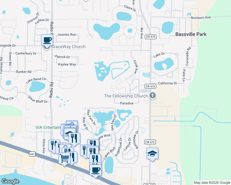 map of restaurants, bars, coffee shops, grocery stores, and more near 180 Paradise in Leesburg