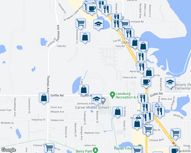map of restaurants, bars, coffee shops, grocery stores, and more near 2108 Parkview Avenue in Leesburg