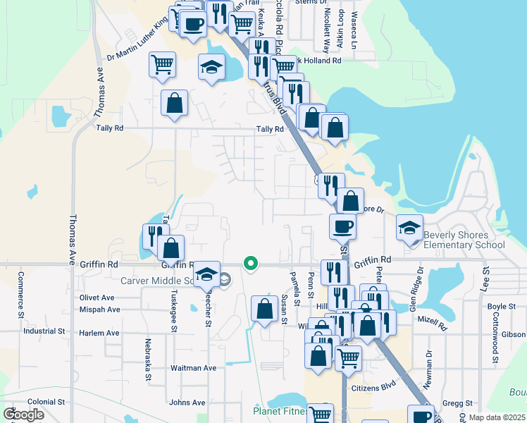 map of restaurants, bars, coffee shops, grocery stores, and more near 1332 Dekle Drive in Leesburg